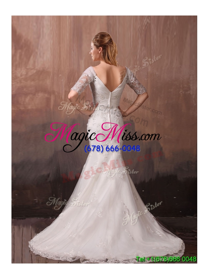 wholesale unique v neck half sleeves mermaid wedding dress with beading and lace for 2016