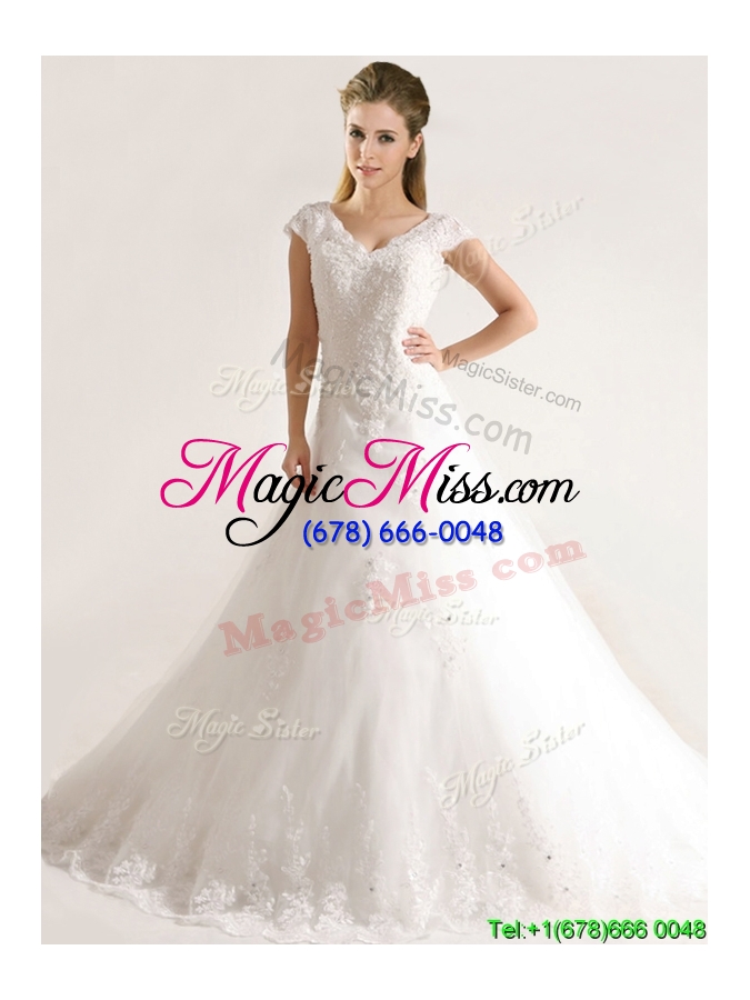 wholesale 2016 laced and applique short sleeves wedding dresses with court train