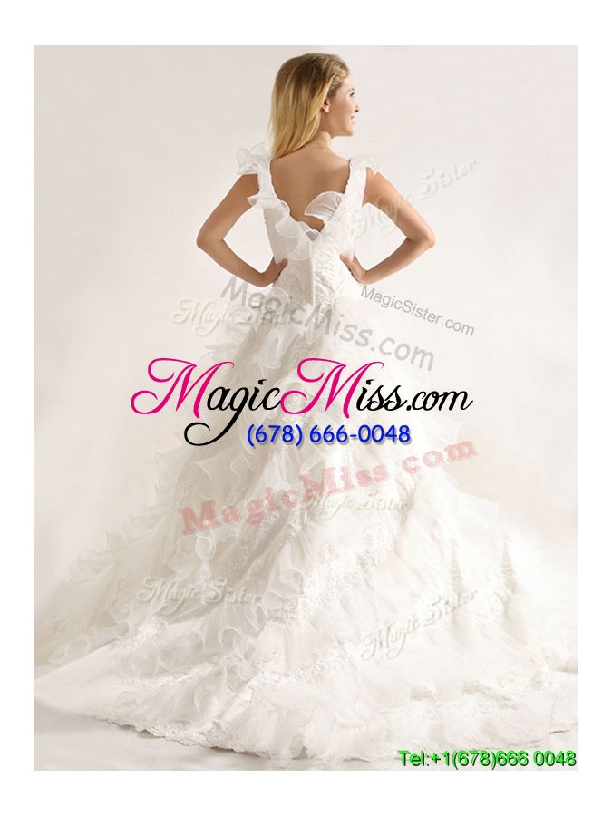 wholesale fashionable applique and ruffled layers wedding dresses with deep v neck