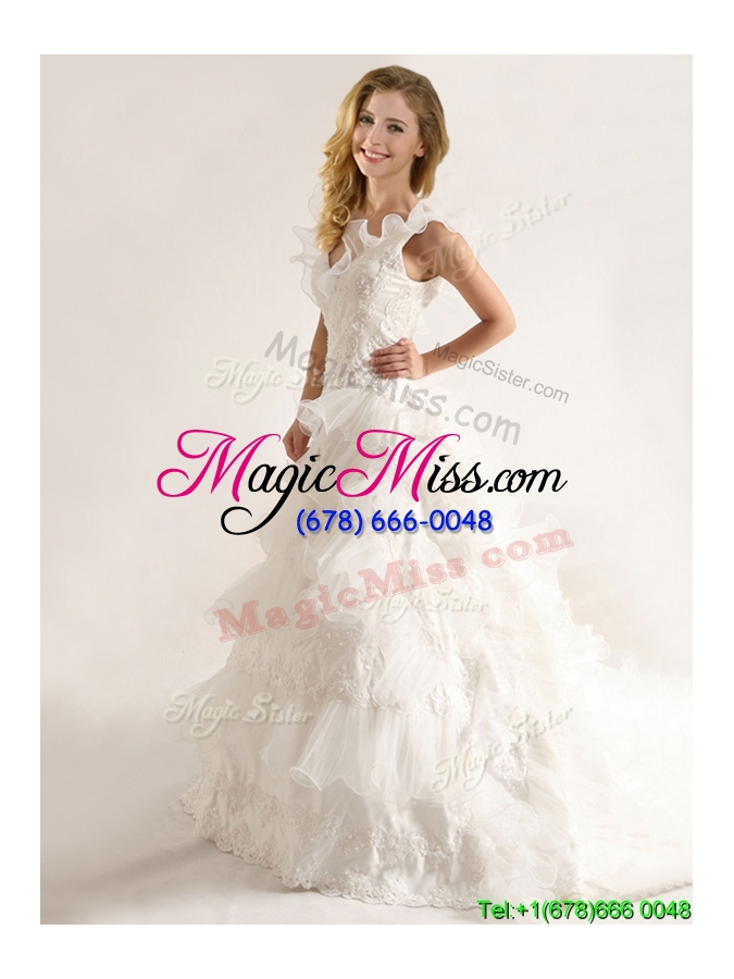 wholesale fashionable applique and ruffled layers wedding dresses with deep v neck