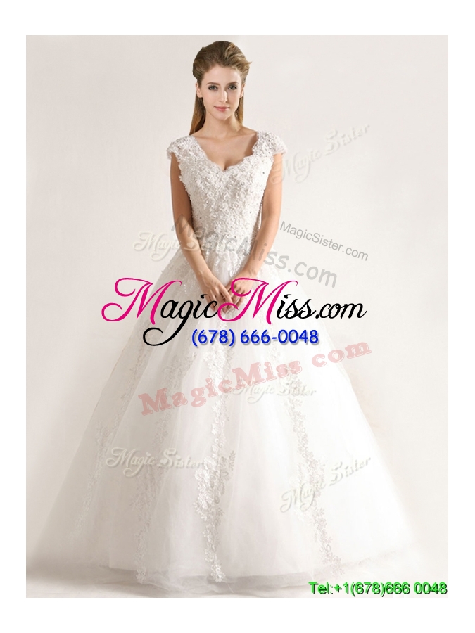 wholesale 2016 new style a line tull short sleeves wedding dresses with beading and appliques