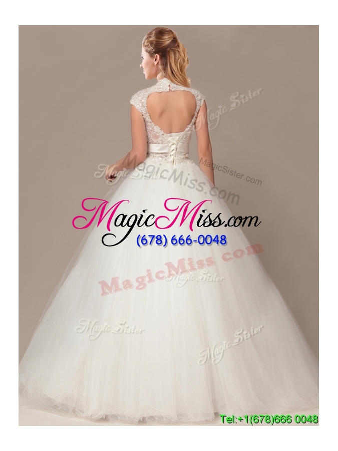 wholesale see through beaded decorate waist high neck shade back wedding dresses with appliques