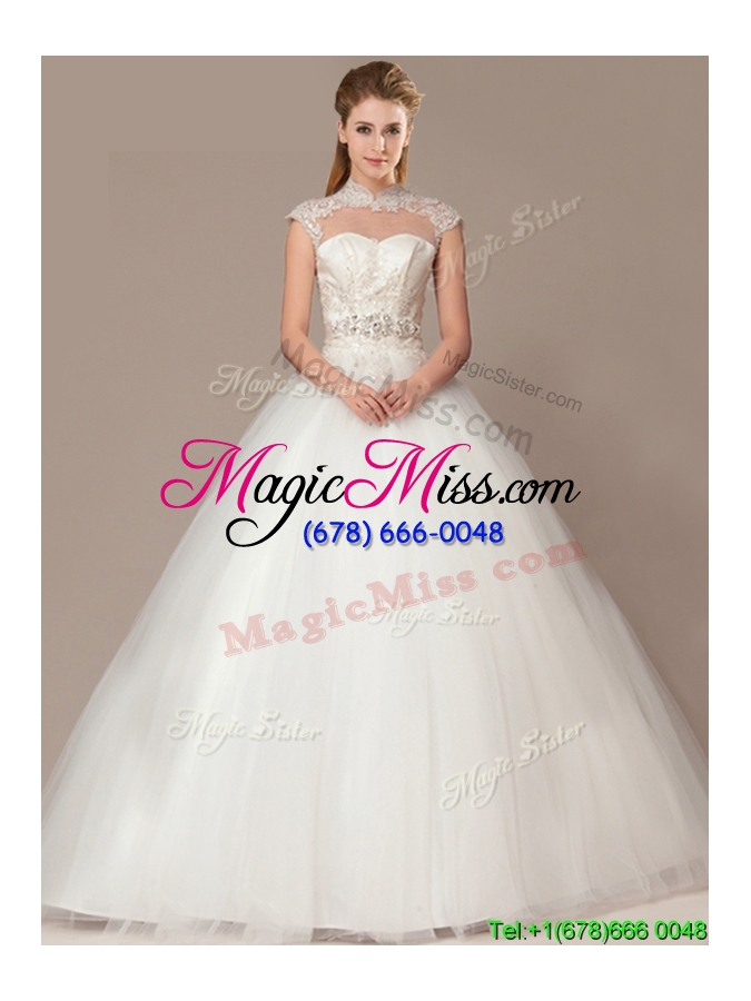 wholesale see through beaded decorate waist high neck shade back wedding dresses with appliques