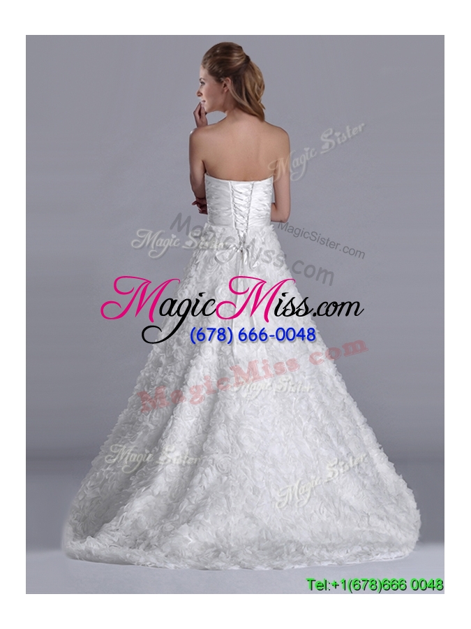 wholesale new style a line brush train ruched wedding gown with rolling flowers