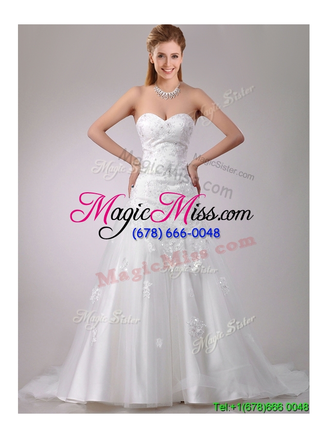 wholesale new style a line brush train beaded and applique wedding dress with sash