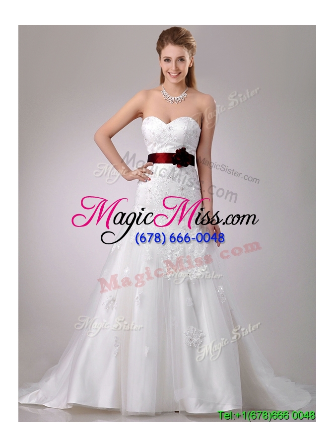 wholesale new style a line brush train beaded and applique wedding dress with sash