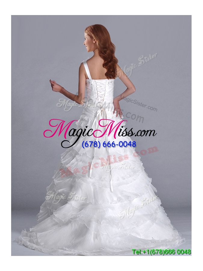 wholesale new style one shoulder organza brush train wedding dress with beading and ruffled layers