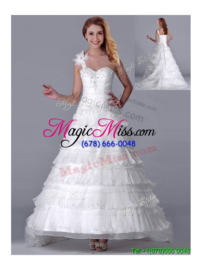 wholesale new style one shoulder organza brush train wedding dress with beading and ruffled layers