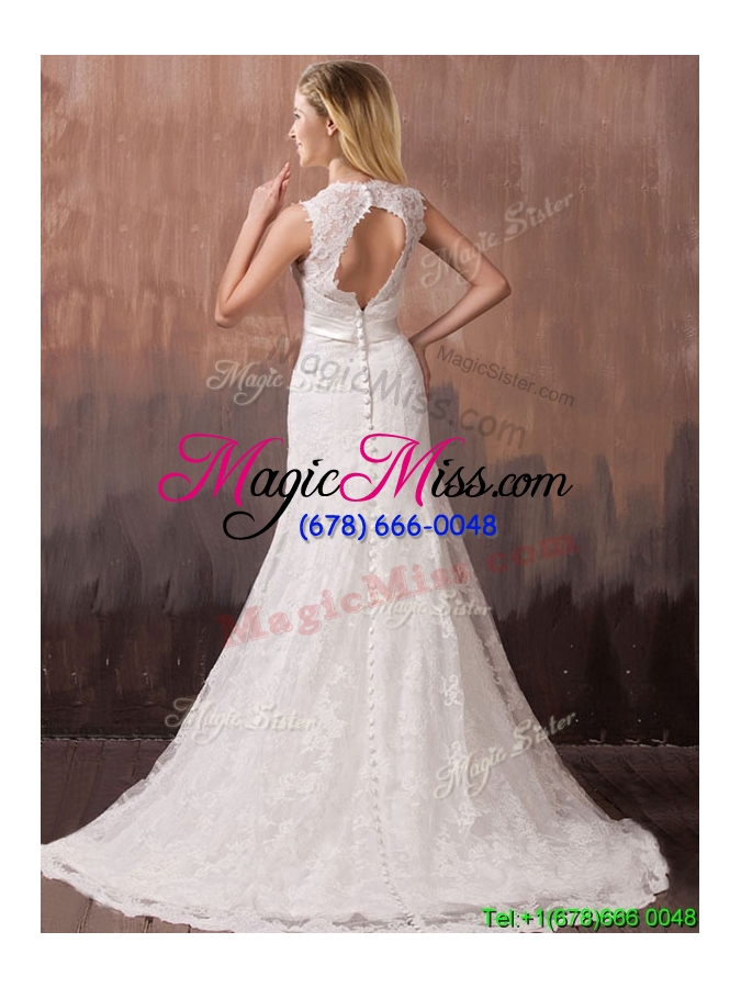 wholesale classical mermind v neck lace and sashes wedding dresses with shade back