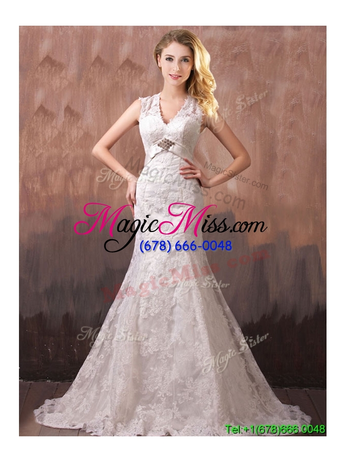 wholesale classical mermind v neck lace and sashes wedding dresses with shade back