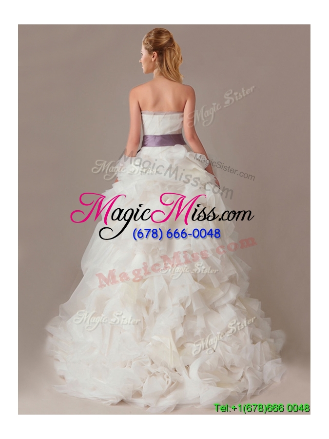 wholesale ball gown strapless sophisticated ruffled and sashed wedding dresses with brush train