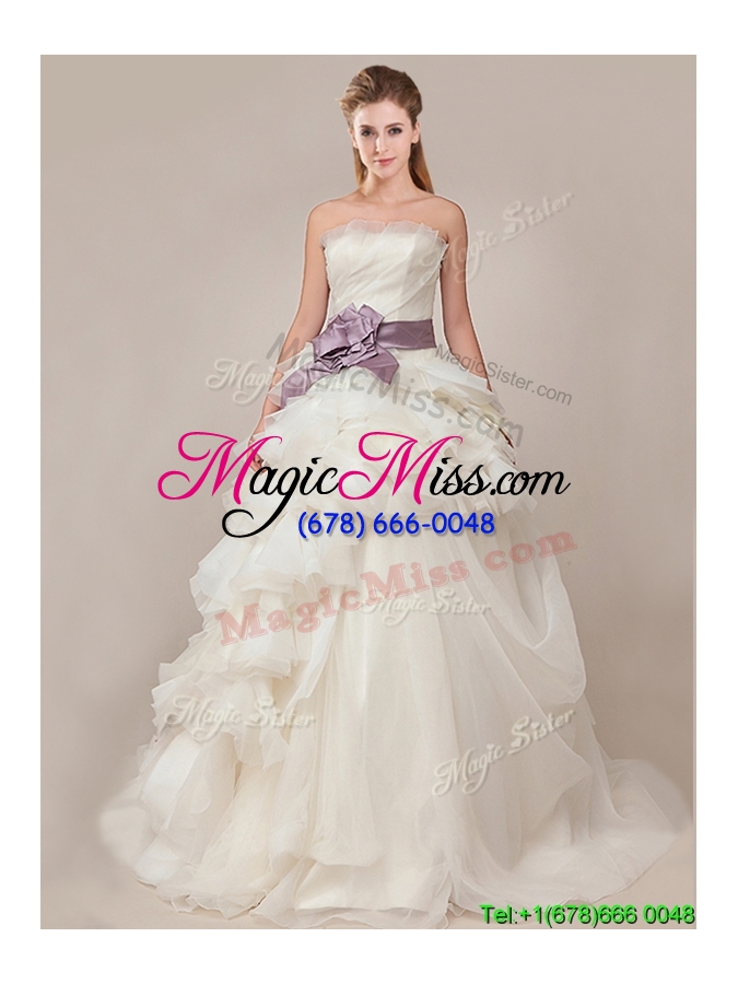 wholesale ball gown strapless sophisticated ruffled and sashed wedding dresses with brush train