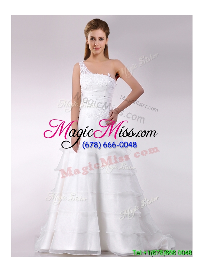 wholesale top selling one shoulder beaded and ruffled layered zipper up wedding dress with brush