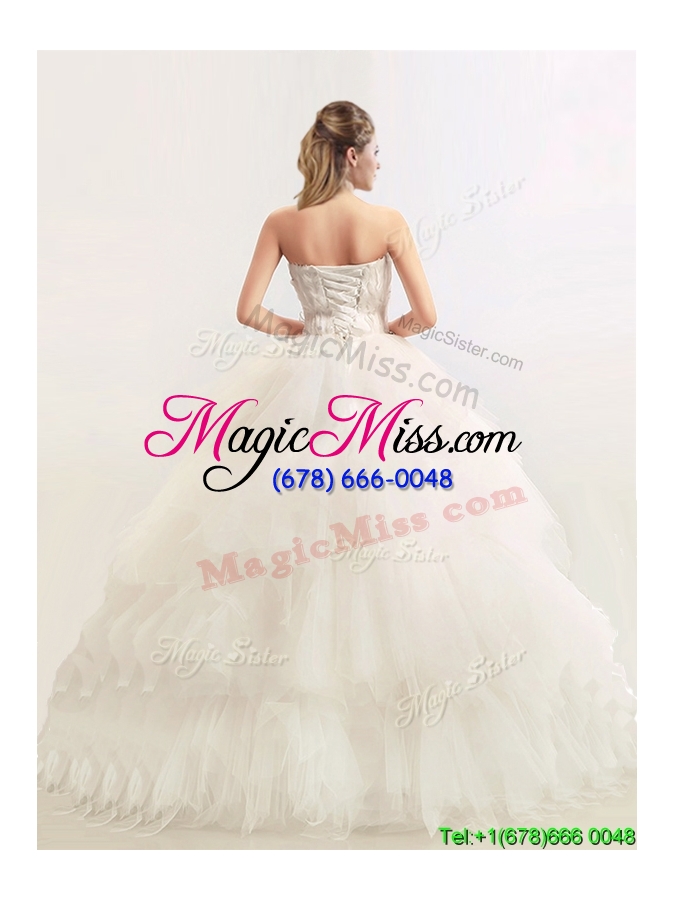 wholesale sophisticated strapless feathered and beaded wedding dresses in tulle