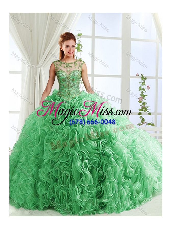 wholesale see through beaded scoop detachable quinceanera gowns  with rolling flower