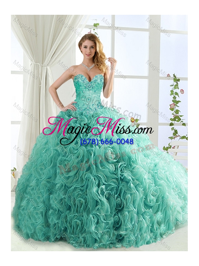 wholesale popular rolling flower mint detachable quinceanera gowns  with brush train
