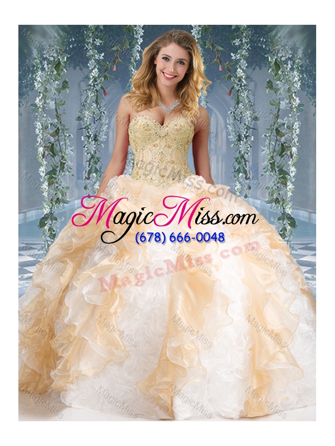 wholesale fashionable organza and rolling flowers big puffy sweet sixteen dress in champagne and white