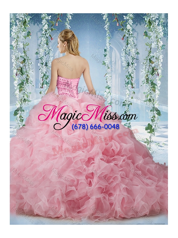 wholesale lovely baby pink brush train sweet sixteen dresses beaded and ruffled