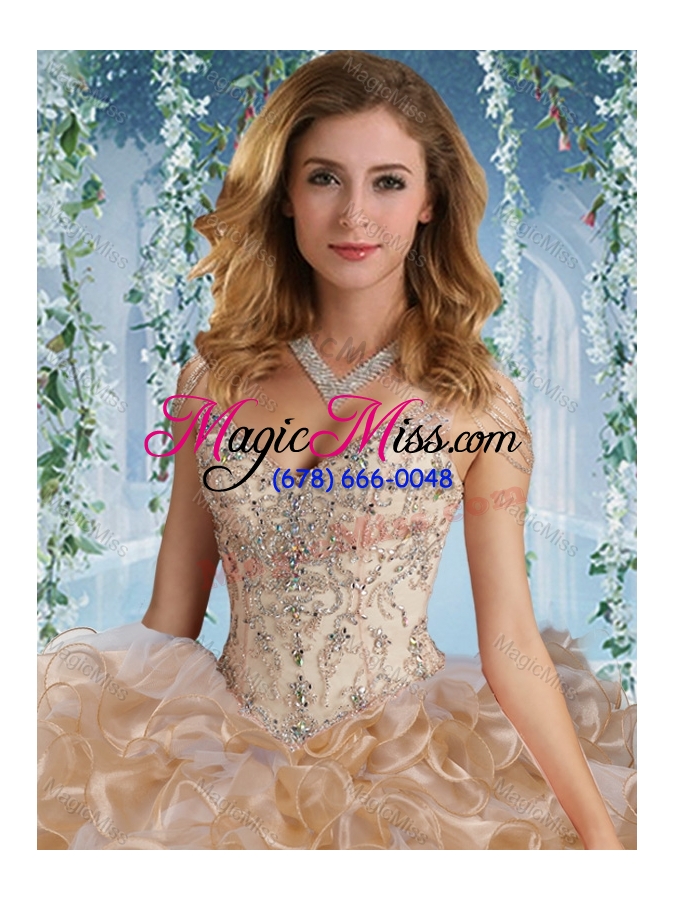 wholesale popular deep v neck big puffy sweet 16 dress with beaded decorated cap sleeves