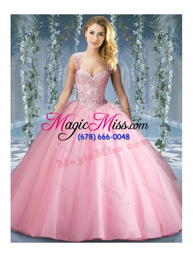 wholesale unique pink big puffy beaded quinceanera dress with brush train
