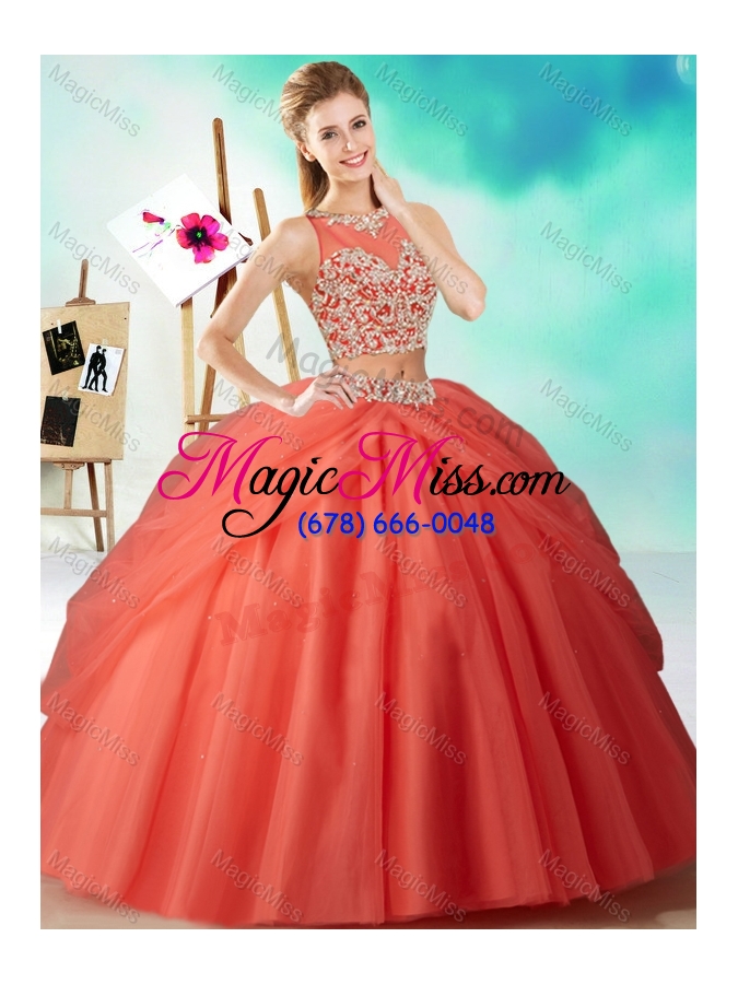 wholesale two piece see through beaded sweet fifteen dresses  in orange red