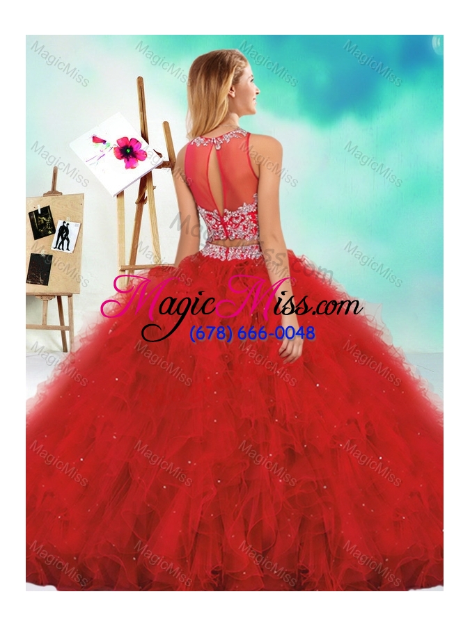 wholesale see through two piece red sweet fifteen dresses with beading and ruffles