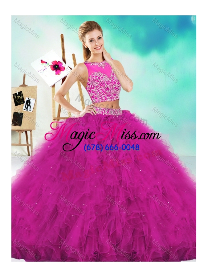 wholesale see through two piece red sweet fifteen dresses with beading and ruffles