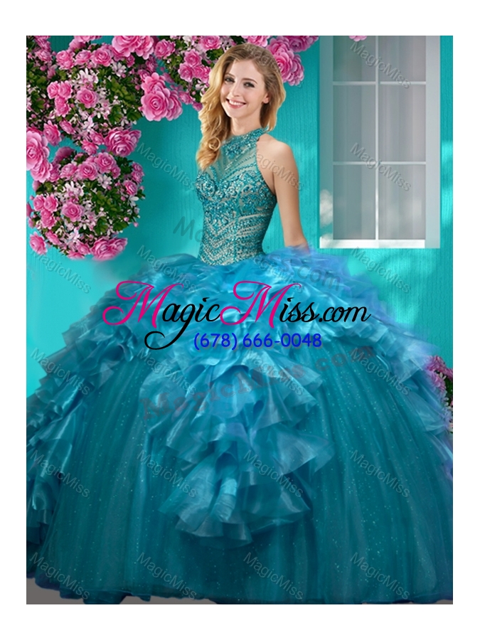 wholesale gorgeous beaded and ruffled quinceanera dress with halter top