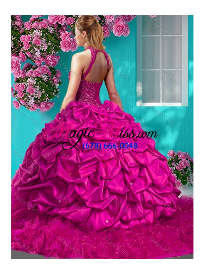 wholesale feminine halter top brush train quinceanera dress with beading and ruffles