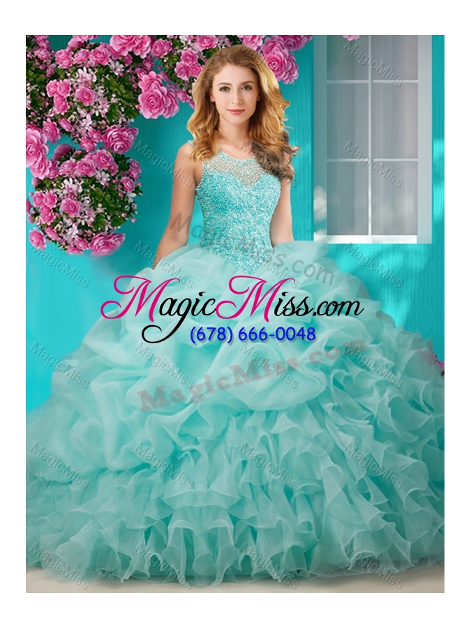 wholesale lovely beaded and ruffled big puffy quinceanera gown with see through scoop