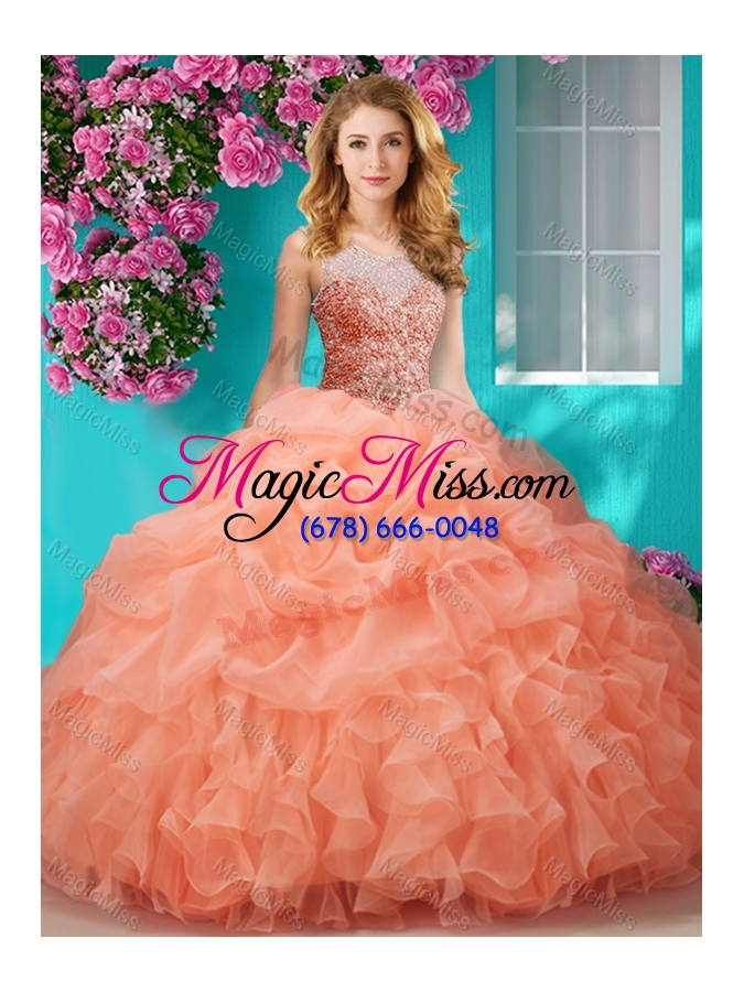 wholesale lovely beaded and ruffled big puffy quinceanera gown with see through scoop
