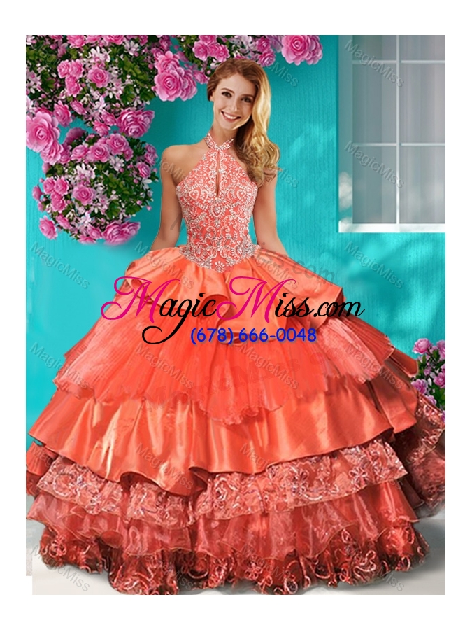 wholesale gorgeous halter top brush train sweet 16 dress with beading and ruffles layers