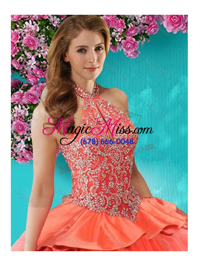wholesale gorgeous halter top brush train sweet 16 dress with beading and ruffles layers