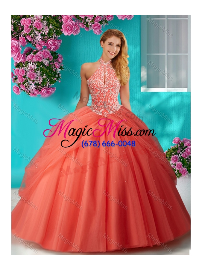wholesale modest halter top brush train quinceanera dress with beading and appliques