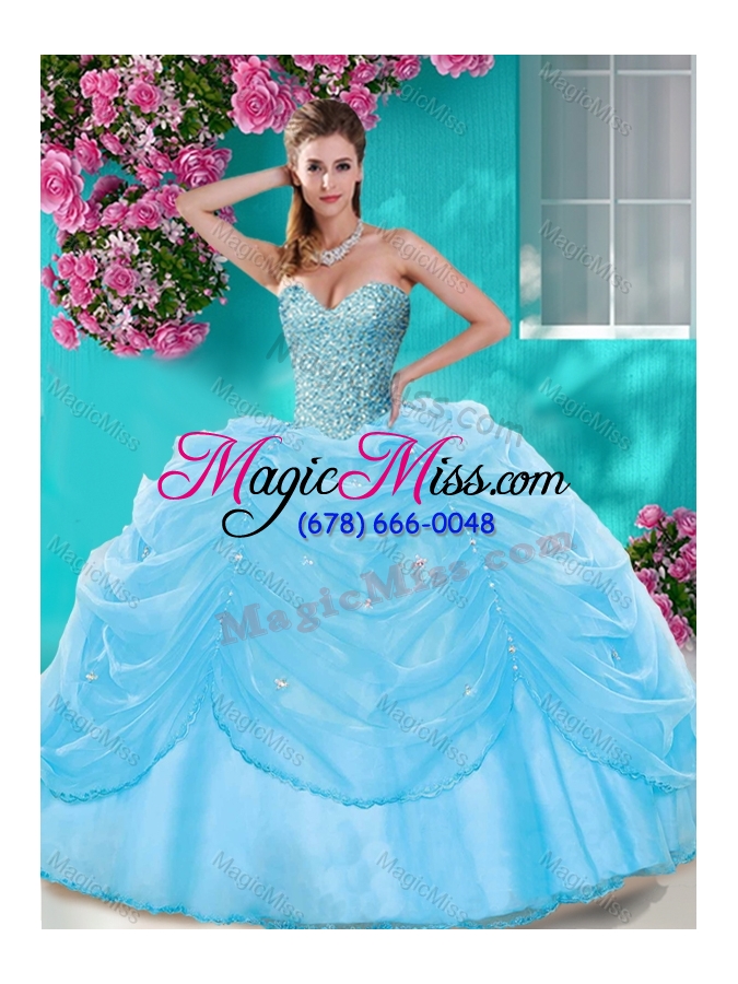 wholesale popular beaded and pick ups big puffy quinceanera dress in light blue