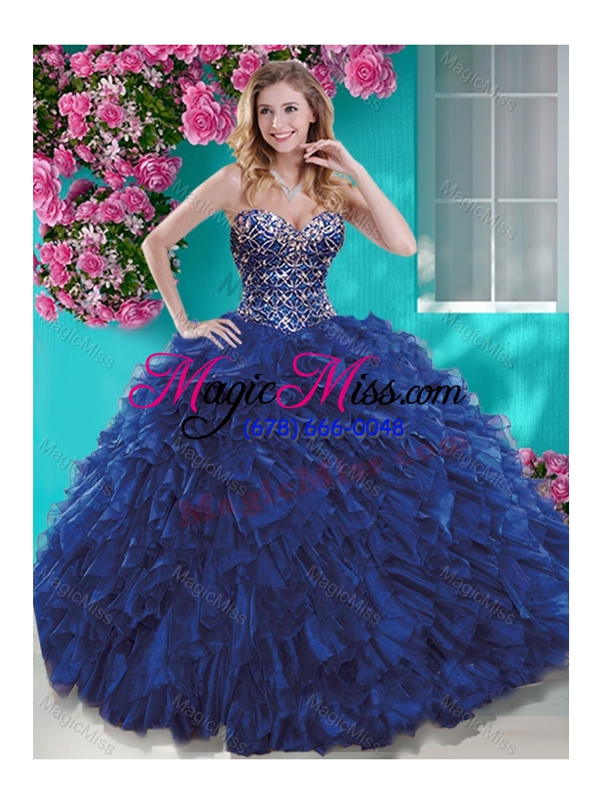 wholesale luxurious brush train blue quinceanera dress with beading and ruffles