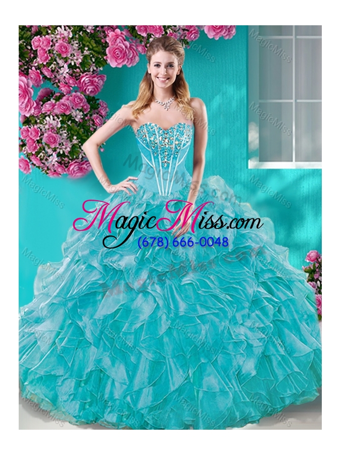 wholesale puffy skirt ruffled and beaded quinceanera dress in turquoise