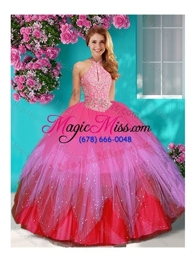 wholesale fashionable halter top rainbow quinceanera dress with beading and appliques