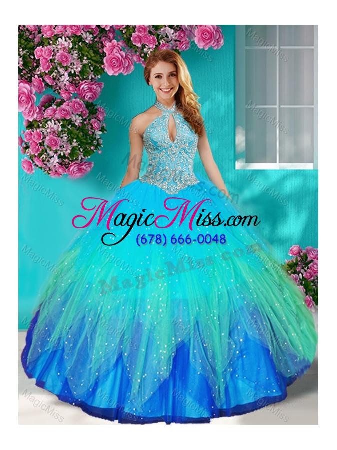 wholesale fashionable halter top rainbow quinceanera dress with beading and appliques