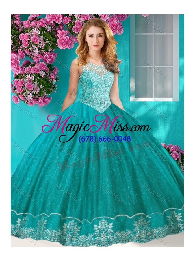 wholesale fashionable see through scoop quinceanera dress with beading and appliques