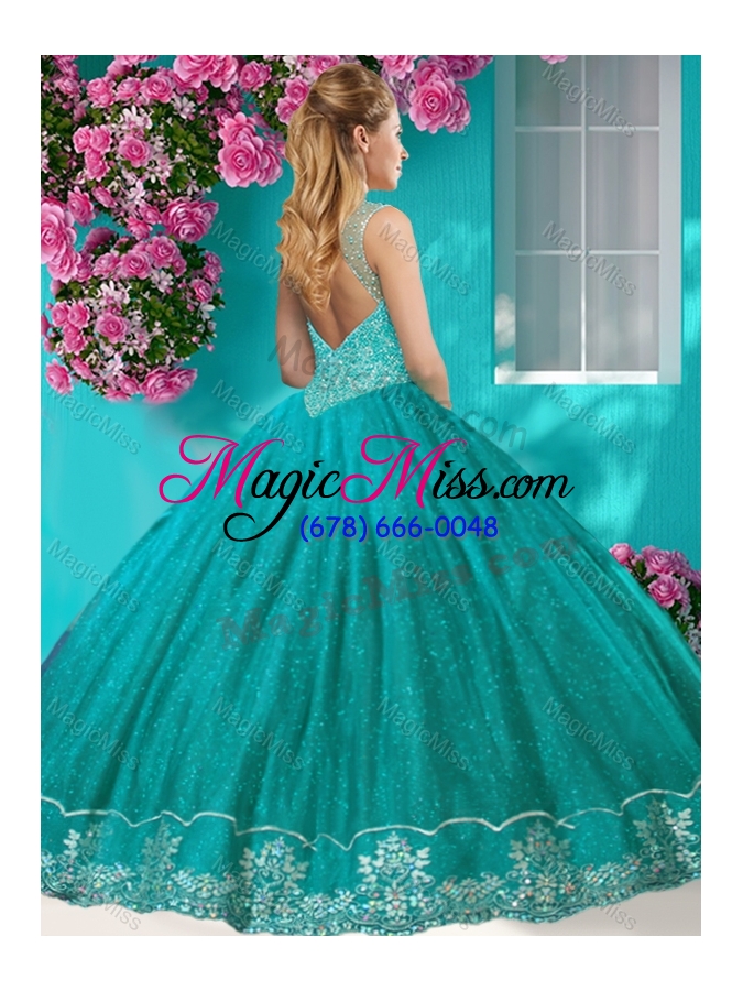 wholesale fashionable see through scoop quinceanera dress with beading and appliques