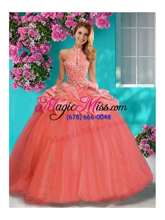 wholesale lovely beaded and ruffled big puffy quinceanera dress with halter top