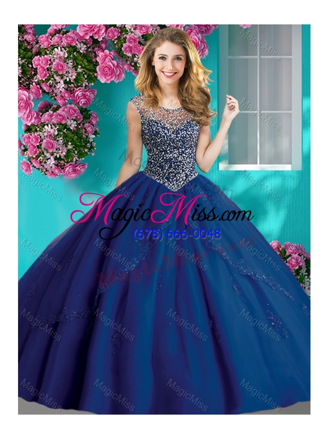 wholesale elegant beaded and applique quinceanera dress with see through scoop
