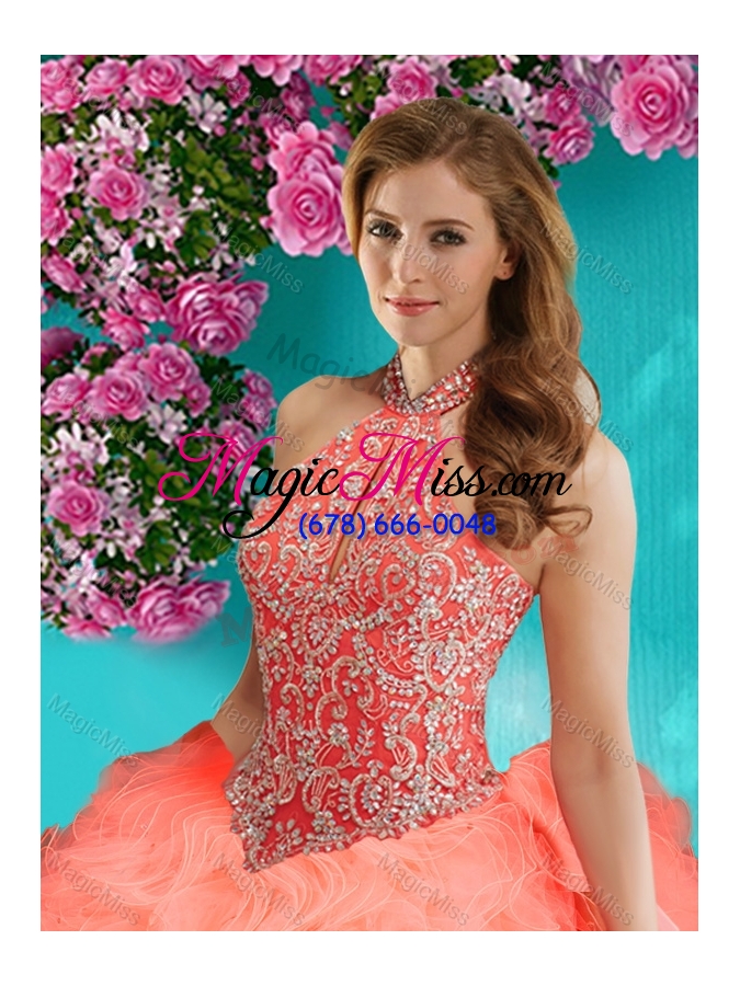 wholesale romantic beading and ruffles halter top quinceanera dress with puffy skirt