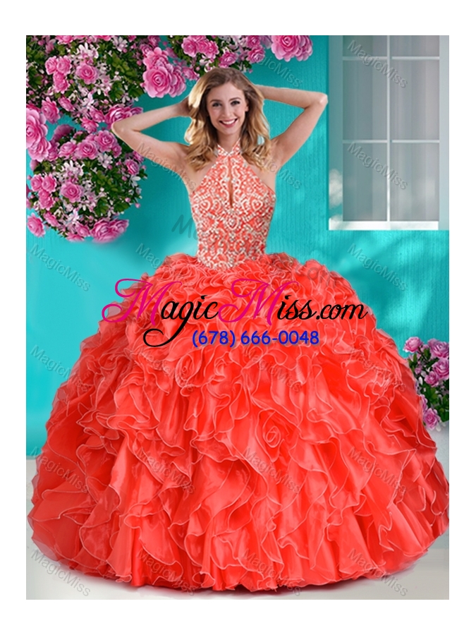 wholesale pretty beaded and ruffled big puffy quinceanera gown with halter top