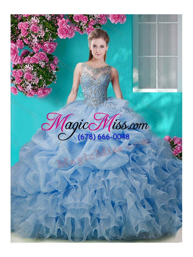 wholesale brush train scoop peach quinceanera dress with beading and ruffles