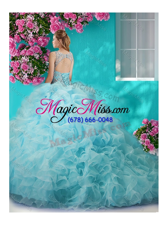 wholesale brush train scoop peach quinceanera dress with beading and ruffles