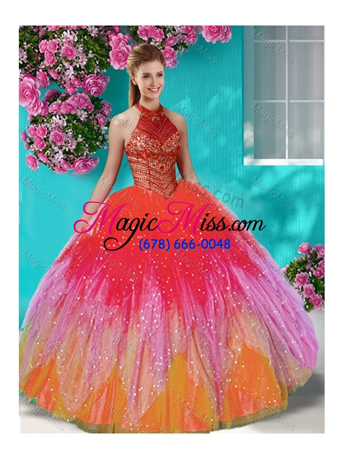 wholesale luxurious see through halter top quinceanera dress with beading and appliques
