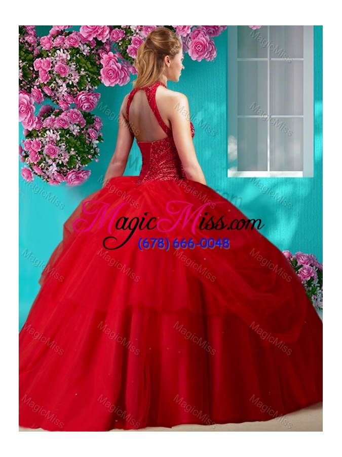 wholesale elegant halter top beaded and applique quinceanera dress in orange red