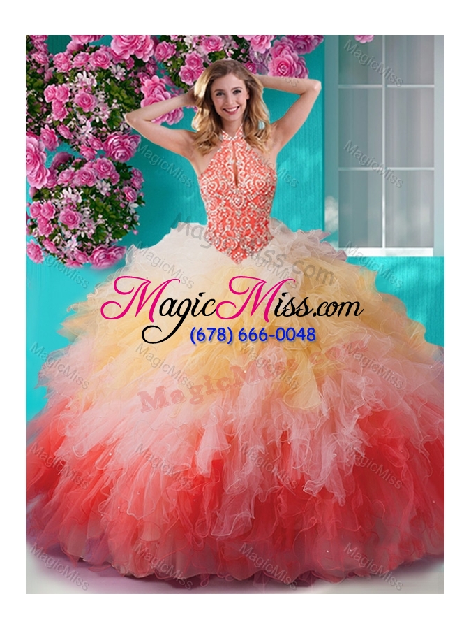wholesale exclusive rainbow halter top sweet 16 dress with beading and ruffles